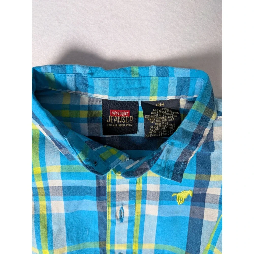 Wrangler Baby‎ Boys Turquoise Blue Plaid Short Sleeve Bodysuit Romper 12M NWT